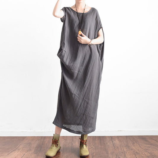 Elegante graue übergroße Sommer-Leinenkleider seitlich drapiert asymmetrische Baumwolle