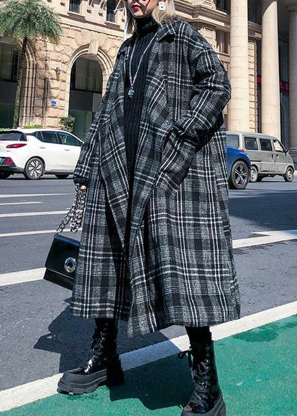 Elegant gray plaid Woolen Coat Women plus size Notched pockets long coats - SooLinen
