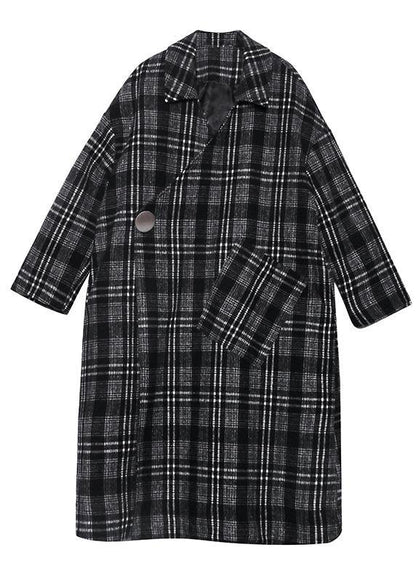 Elegant gray plaid Woolen Coat Women plus size Notched pockets long coats - SooLinen