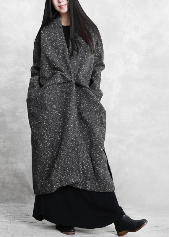 Elegant gray print woolen outwear oversized side open Winter coat - SooLinen