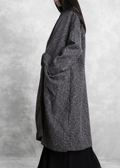 Elegant gray print woolen outwear oversized side open Winter coat - SooLinen