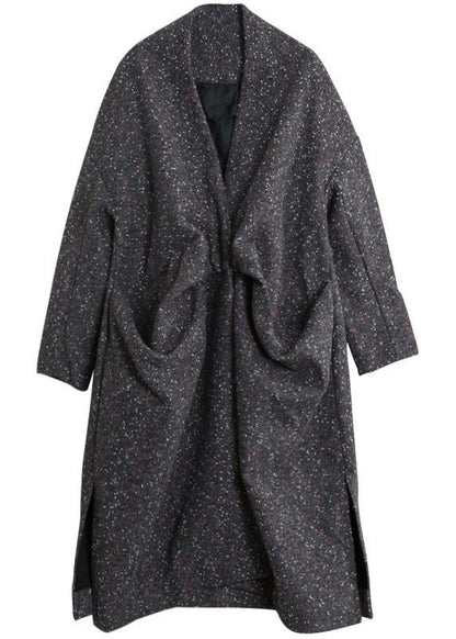 Elegant gray print woolen outwear oversized side open Winter coat - SooLinen
