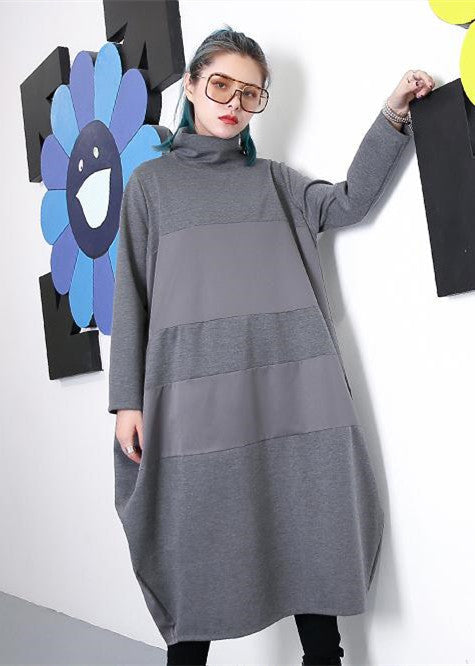 Elegantes graues Etuikleid, trendiges Langarmkleid in Übergröße, neues Rollkragen-Patchworkkleid aus Baumwollmischung