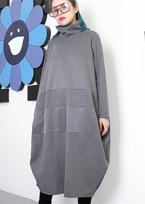 Elegantes graues Etuikleid, trendiges Langarmkleid in Übergröße, neues Rollkragen-Patchworkkleid aus Baumwollmischung