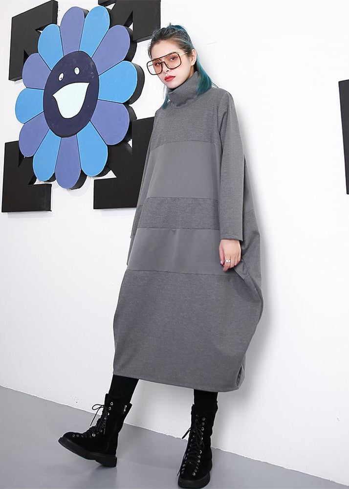Elegantes graues Etuikleid, trendiges Langarmkleid in Übergröße, neues Rollkragen-Patchworkkleid aus Baumwollmischung