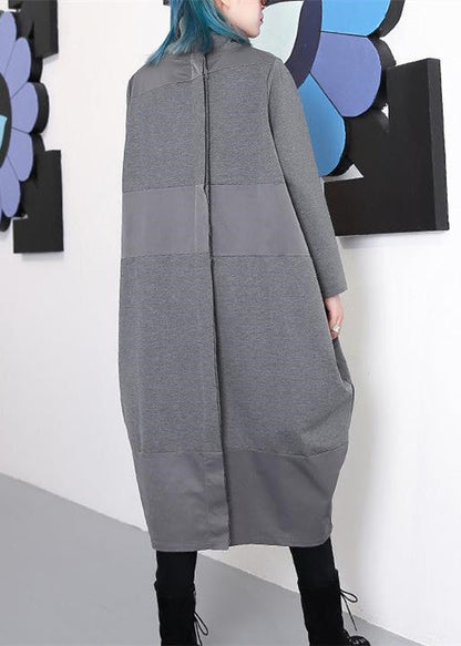 Elegantes graues Etuikleid, trendiges Langarmkleid in Übergröße, neues Rollkragen-Patchworkkleid aus Baumwollmischung