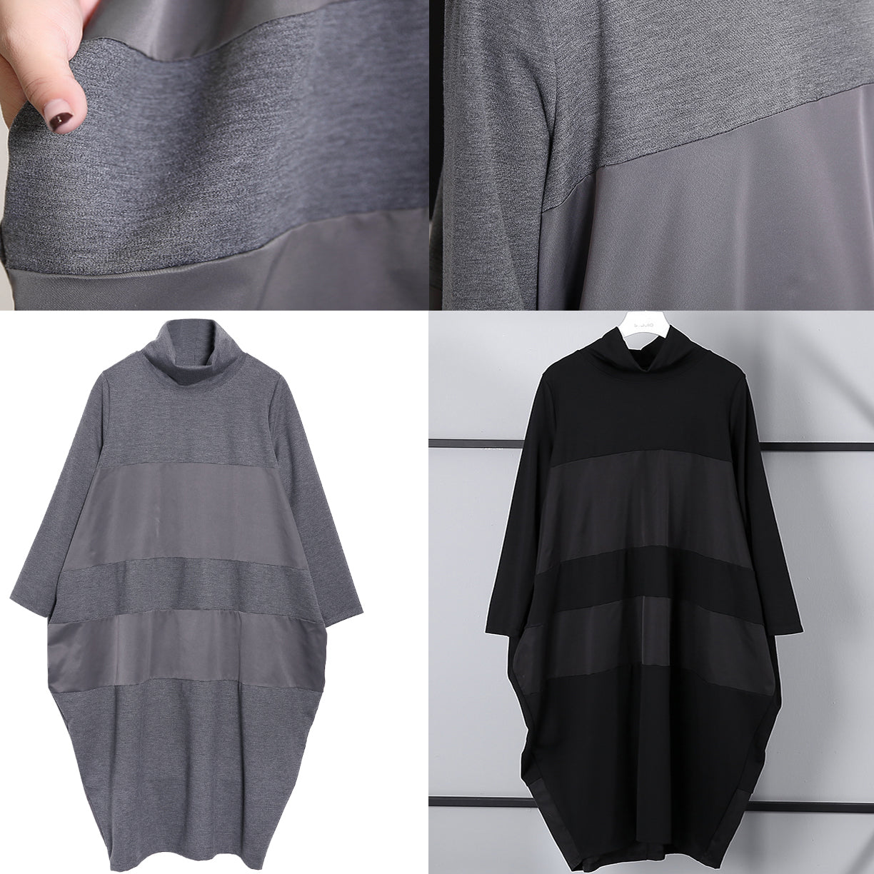 Elegantes graues Etuikleid, trendiges Langarmkleid in Übergröße, neues Rollkragen-Patchworkkleid aus Baumwollmischung