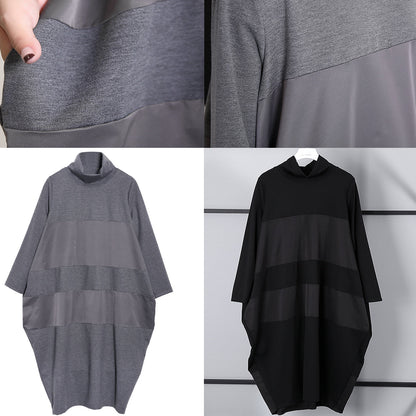 Elegantes graues Etuikleid, trendiges Langarmkleid in Übergröße, neues Rollkragen-Patchworkkleid aus Baumwollmischung