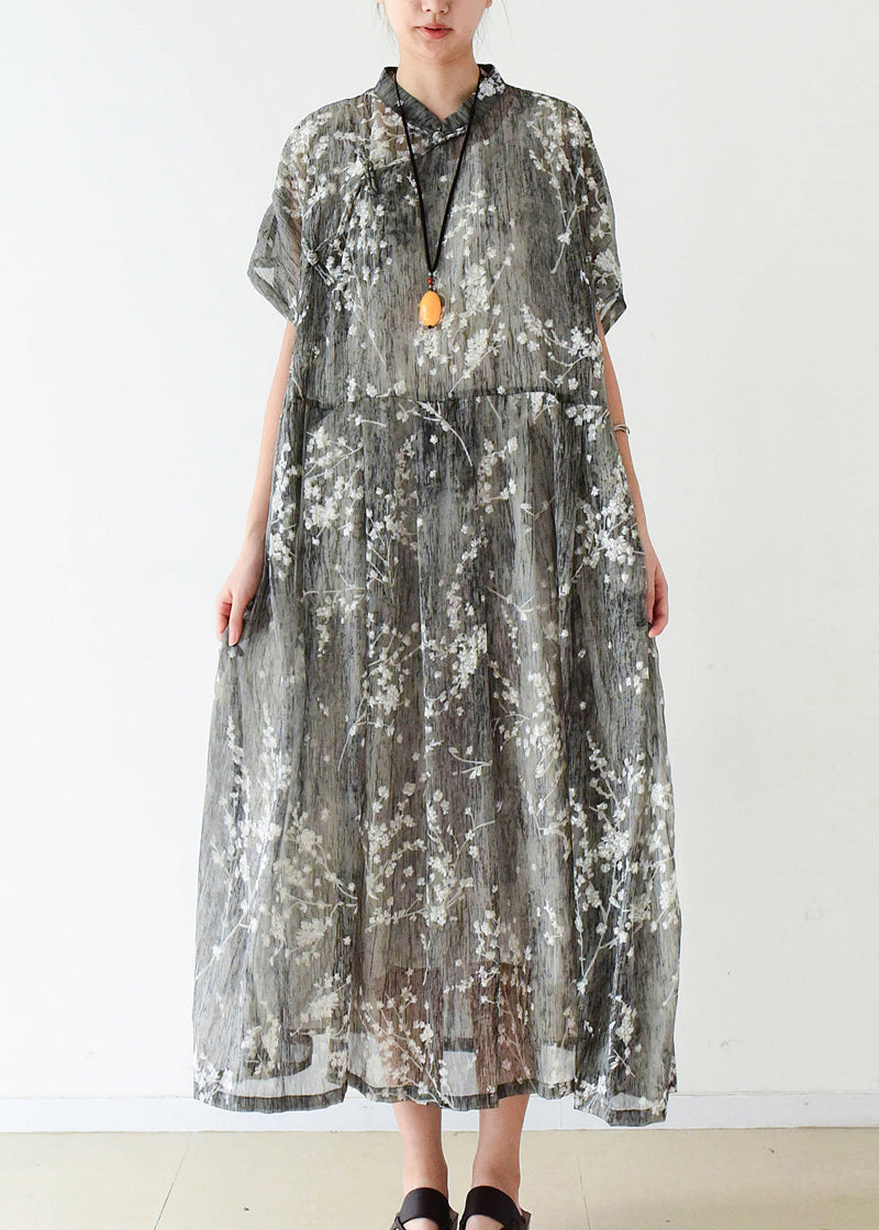 Elegante graue Seide Long Shirts feine Baumwolle chinesische Knopf Reise Sommerkleid