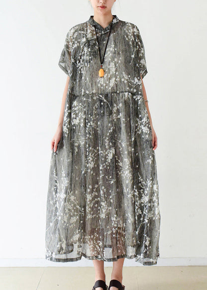 Elegante graue Seide Long Shirts feine Baumwolle chinesische Knopf Reise Sommerkleid