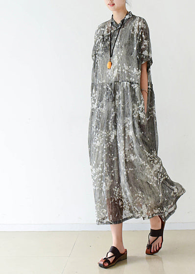 Elegante graue Seide Long Shirts feine Baumwolle chinesische Knopf Reise Sommerkleid