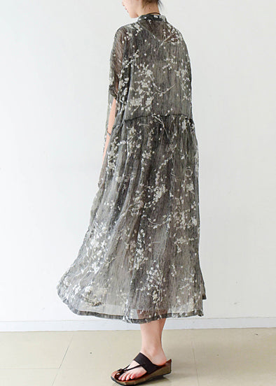 Elegante graue Seide Long Shirts feine Baumwolle chinesische Knopf Reise Sommerkleid