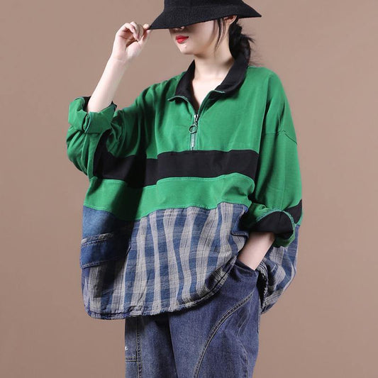 Elegant green Blouse lapel zippered Plus Size Clothing shirt - SooLinen