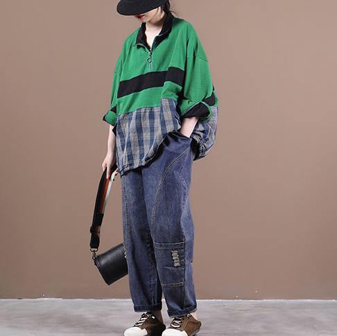 Elegant green Blouse lapel zippered Plus Size Clothing shirt - SooLinen