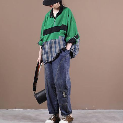 Elegant green Blouse lapel zippered Plus Size Clothing shirt - SooLinen