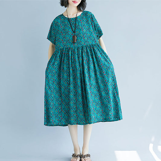 Elegantes grünes Etuikleid aus Baumwollleinen, Oversize-Maxikleid, feines kurzärmeliges O-Ausschnitt-Kleid aus geblümtem Baumwollleinen