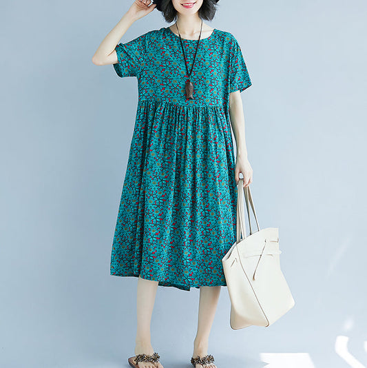 Elegantes grünes Etuikleid aus Baumwollleinen, Oversize-Maxikleid, feines kurzärmeliges O-Ausschnitt-Kleid aus geblümtem Baumwollleinen