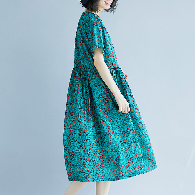 Elegantes grünes Etuikleid aus Baumwollleinen, Oversize-Maxikleid, feines kurzärmeliges O-Ausschnitt-Kleid aus geblümtem Baumwollleinen