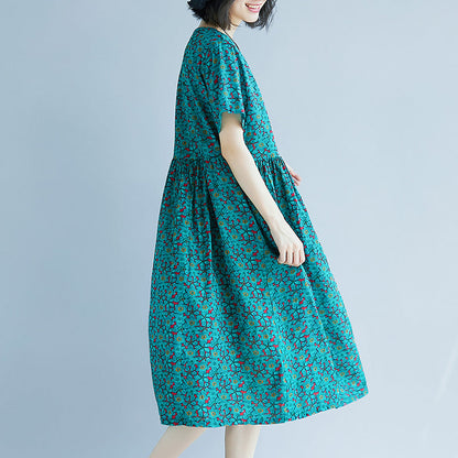Elegantes grünes Etuikleid aus Baumwollleinen, Oversize-Maxikleid, feines kurzärmeliges O-Ausschnitt-Kleid aus geblümtem Baumwollleinen