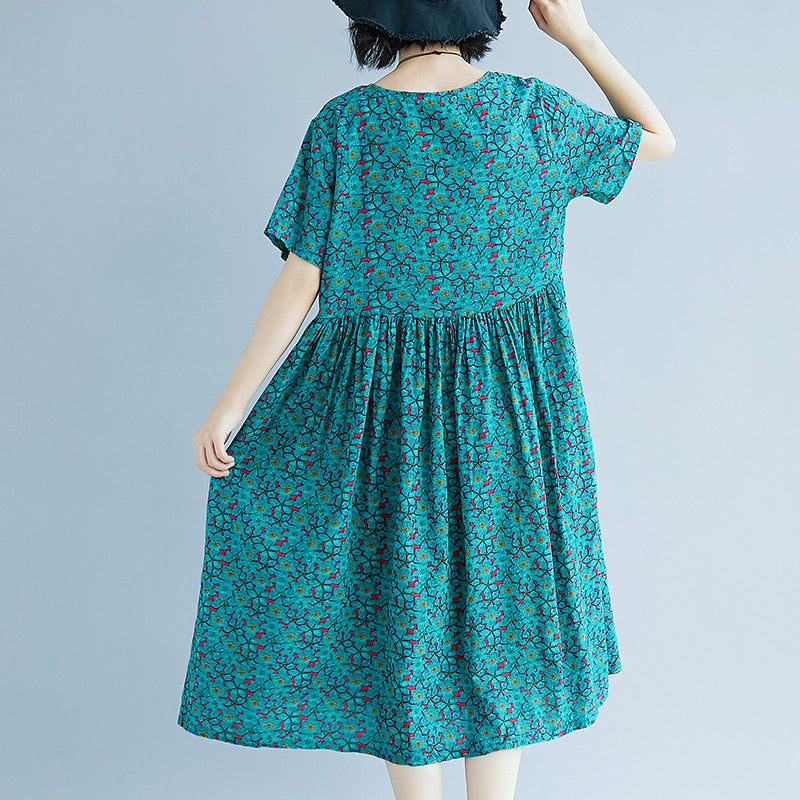 Elegantes grünes Etuikleid aus Baumwollleinen, Oversize-Maxikleid, feines kurzärmeliges O-Ausschnitt-Kleid aus geblümtem Baumwollleinen
