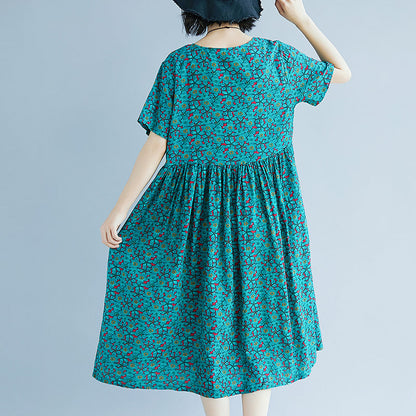 Elegantes grünes Etuikleid aus Baumwollleinen, Oversize-Maxikleid, feines kurzärmeliges O-Ausschnitt-Kleid aus geblümtem Baumwollleinen