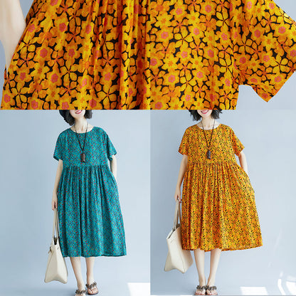 Elegantes grünes Etuikleid aus Baumwollleinen, Oversize-Maxikleid, feines kurzärmeliges O-Ausschnitt-Kleid aus geblümtem Baumwollleinen
