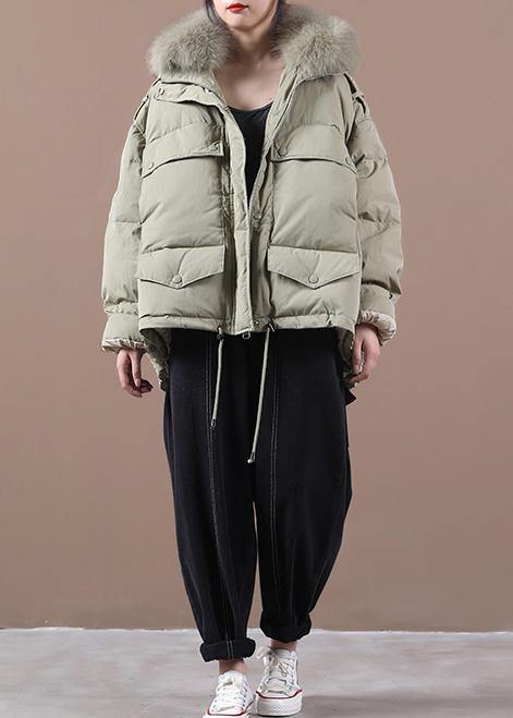 Elegant green duck down coat plus size clothing down jacket faux fur collar drawstring Casual overcoat - SooLinen