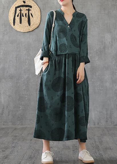 Elegant green embroidery cotton tunics for women o neck patchwork Traveling Dresses - SooLinen
