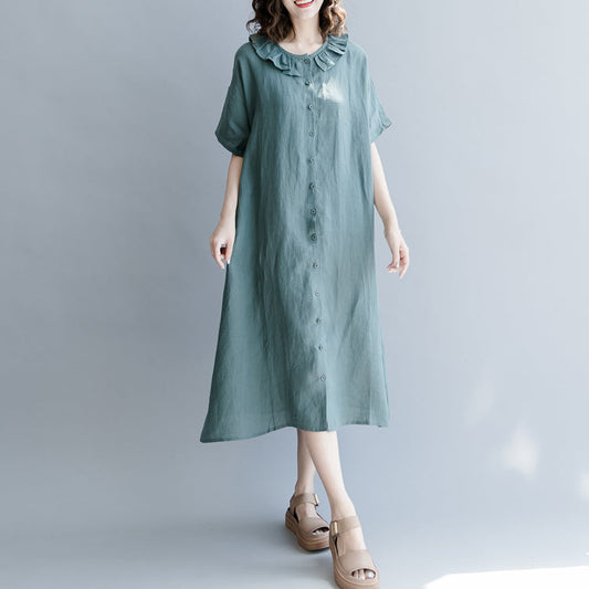 Elegantes grünes Kleid aus natürlichem Baumwollleinen, trendige Urlaubskleider in Übergröße, lässige Kurzarm-Patchwork-Petersilienkragentaschen, Kniekleider