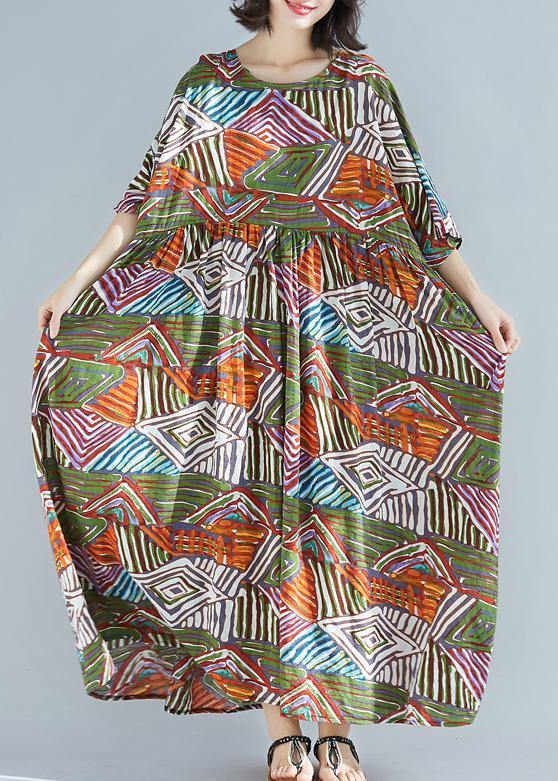 Elegant green print cotton clothes o neck large hem Maxi summer Dress - SooLinen