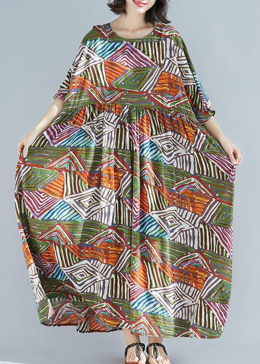 Elegant green print cotton clothes o neck large hem Maxi summer Dress - SooLinen