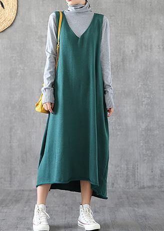Elegant green quilting dresses v neck sleeveless Dresses spring Dress - SooLinen