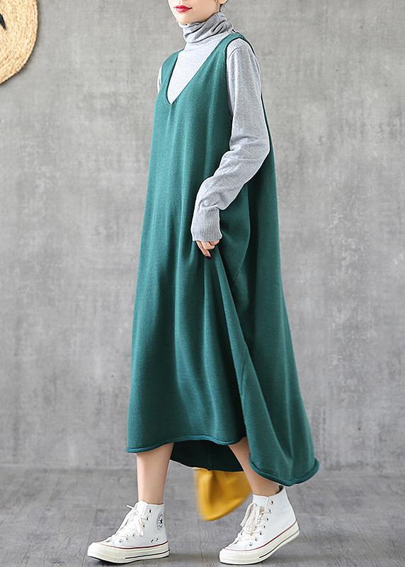 Elegant green quilting dresses v neck sleeveless Dresses spring Dress - SooLinen