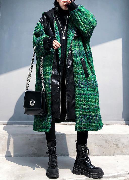 Elegant green woolen coats Loose fitting medium length coat patchwork hooded woolen outwear - SooLinen