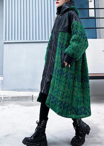 Elegant green woolen coats Loose fitting medium length coat patchwork hooded woolen outwear - SooLinen