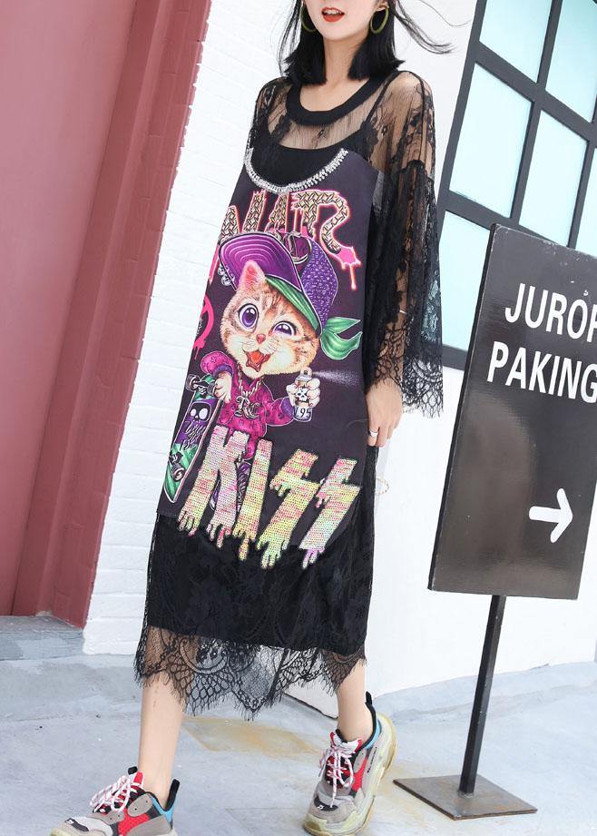 Elegant hollow out Tunics Outfits black prints Maxi Dress summer - SooLinen
