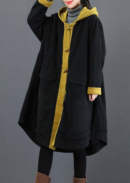 Elegant hooded large hem Fashion crane coats yellow silhouette outwear - SooLinen