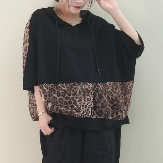 Elegant hooded patchwork cotton summer top design black shirt - SooLinen