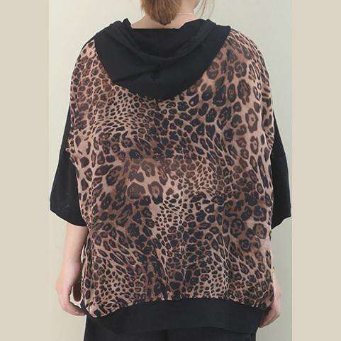 Elegant hooded patchwork cotton summer top design black shirt - SooLinen