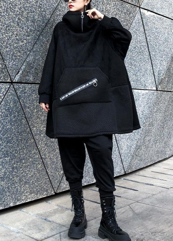 Elegant hooded patchwork cotton tunic pattern Tutorials black blouses - SooLinen