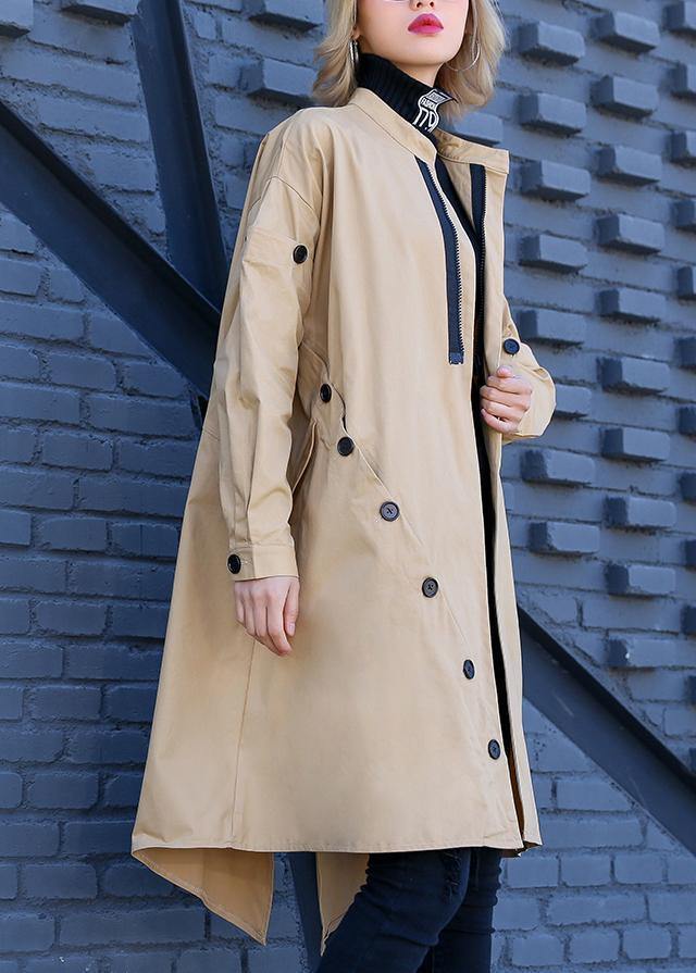 Elegant khaki Coat Women plus size medium length stand collar asymmetric coat - SooLinen