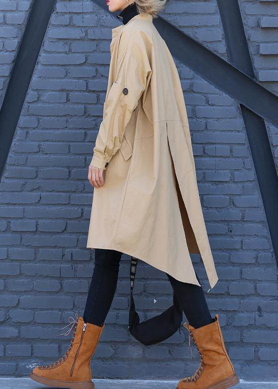 Elegant khaki Coat Women plus size medium length stand collar asymmetric coat - SooLinen