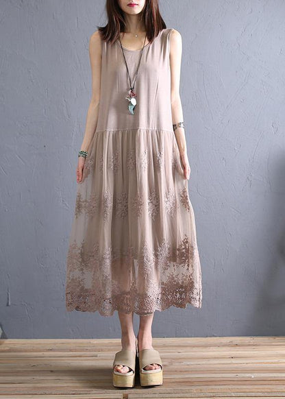 Elegant khaki embroidered cotton ting sewing clothes o patchwork summer dress - SooLinen