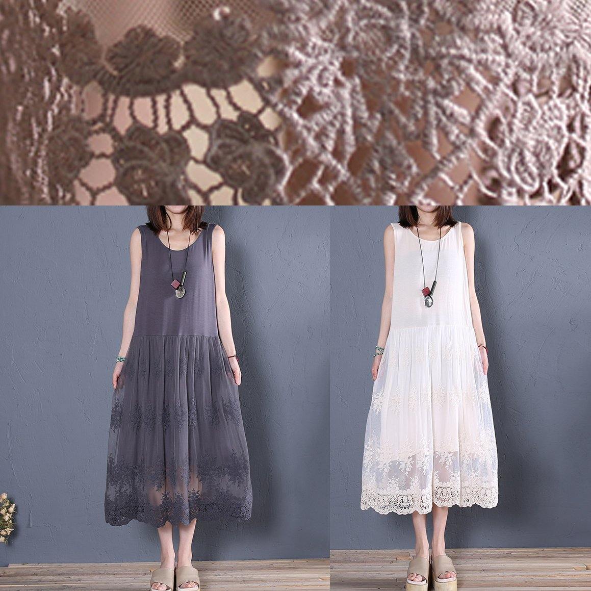 Elegant khaki embroidered cotton ting sewing clothes o patchwork summer dress - SooLinen