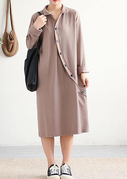 Elegant lapel asymmetric Cotton Wardrobes Sleeve khaki Dress - SooLinen