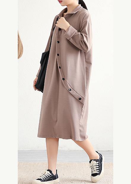 Elegant lapel asymmetric Cotton Wardrobes Sleeve khaki Dress - SooLinen