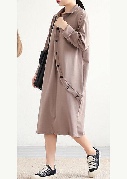 Elegant lapel asymmetric Cotton Wardrobes Sleeve khaki Dress - SooLinen