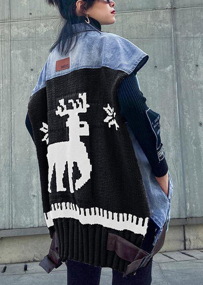 Elegant lapel patchwork spring tops women blouses black Fawn Midi tops - SooLinen