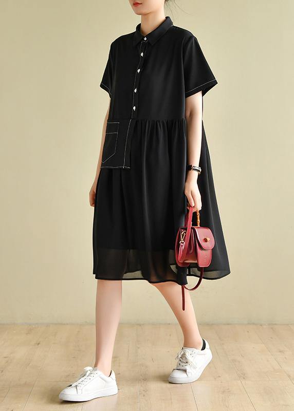 Elegant lapel patchwork tunics for women Wardrobes black Dress - SooLinen