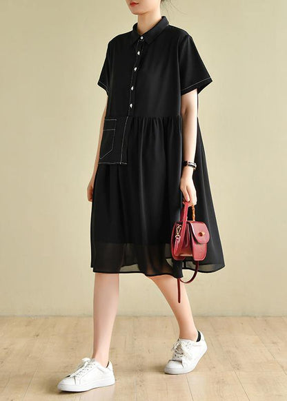 Elegant lapel patchwork tunics for women Wardrobes black Dress - SooLinen